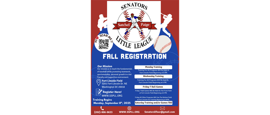 Senators Satchel Paige Little League 2025 Fall Training Registration Is Now Open 